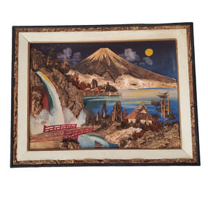 Vintage Framed 3D Japanese Bark & Moss Art Landscape Mountain Scene MCM Handmade